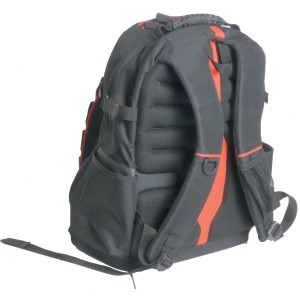 Stanley Werkzeugrucksack 1-95-611, Rückansicht mit gepolsterten Trägern und vielen Taschen.