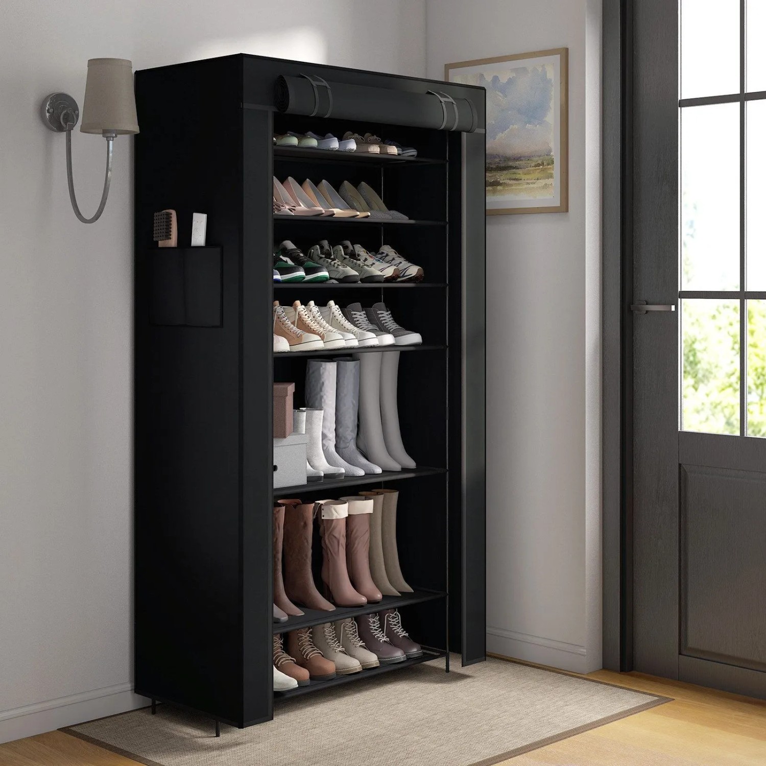 Schwarzer Stoffschrank Schuhschrank mit 9 Ebenen für 36 Paar Schuhe. Platzsparender Vliesstoff Schuhständer im Flur.
