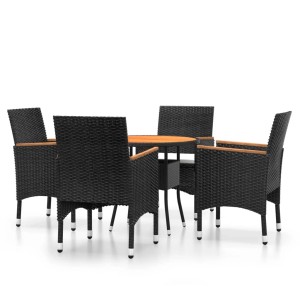 vidaXL Garten-Essgruppe, 5-teilig, Poly Rattan schwarz mit Akazienholztisch und 4 Stühlen.