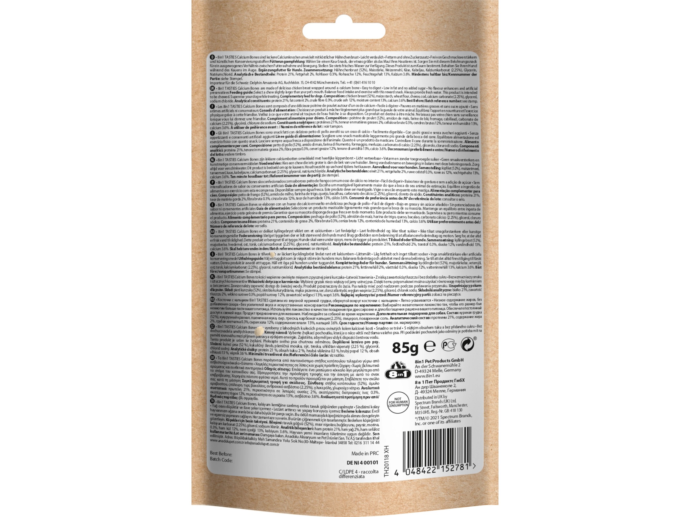 Snack Per Cani 8in1 Tasties Calcium Bones 85g - Con Petto Di Pollo E Calcio, Senza OGM O Conservanti - Foto 4