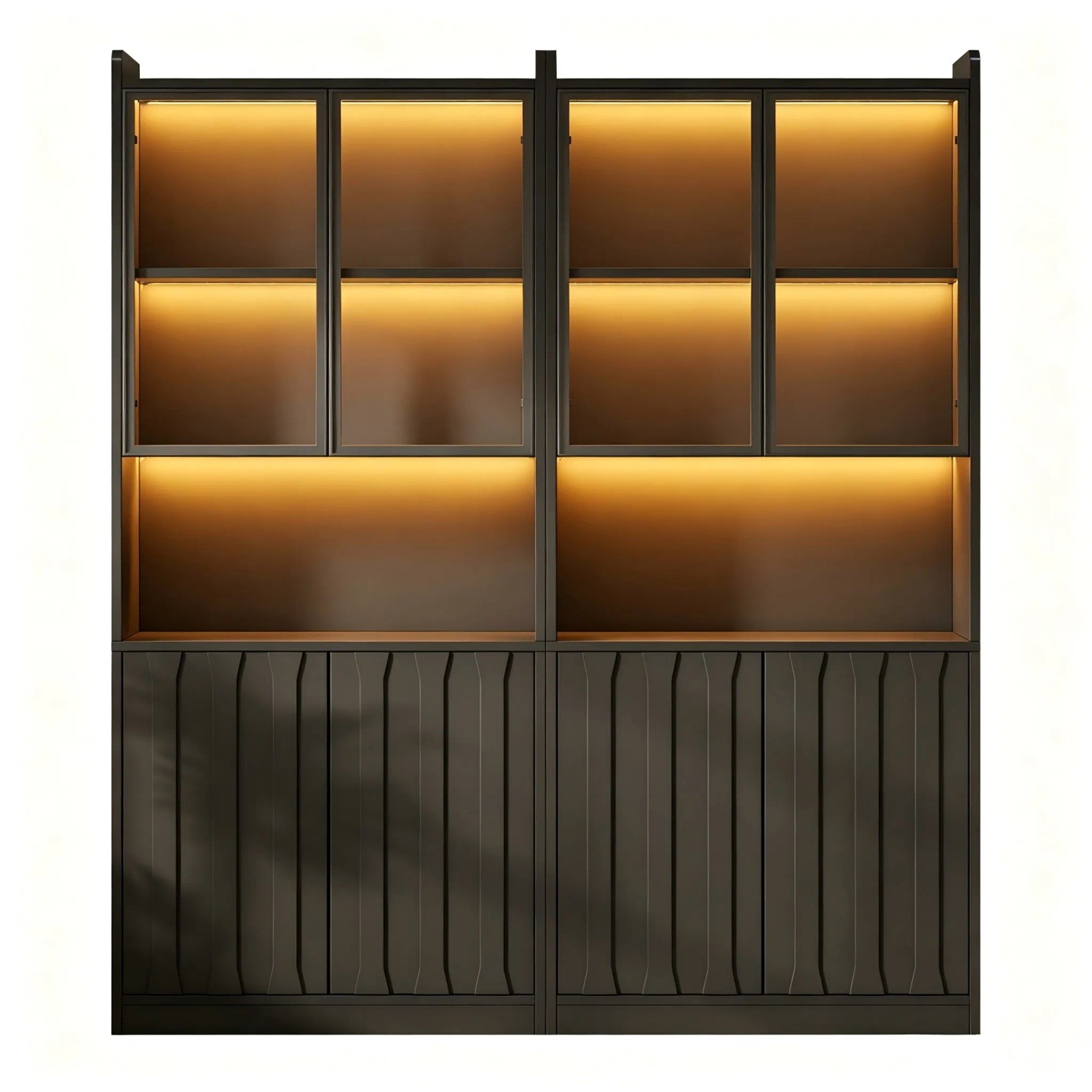 Merax Vitrine Set 2 Teilig mit LED Glastüren Offenen Fächern Schwarz