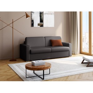 Schwarzes Schlafsofa Calito aus Kunstleder im modernen Wohnzimmer. 4-Sitzer Sofa mit Lattenrost.