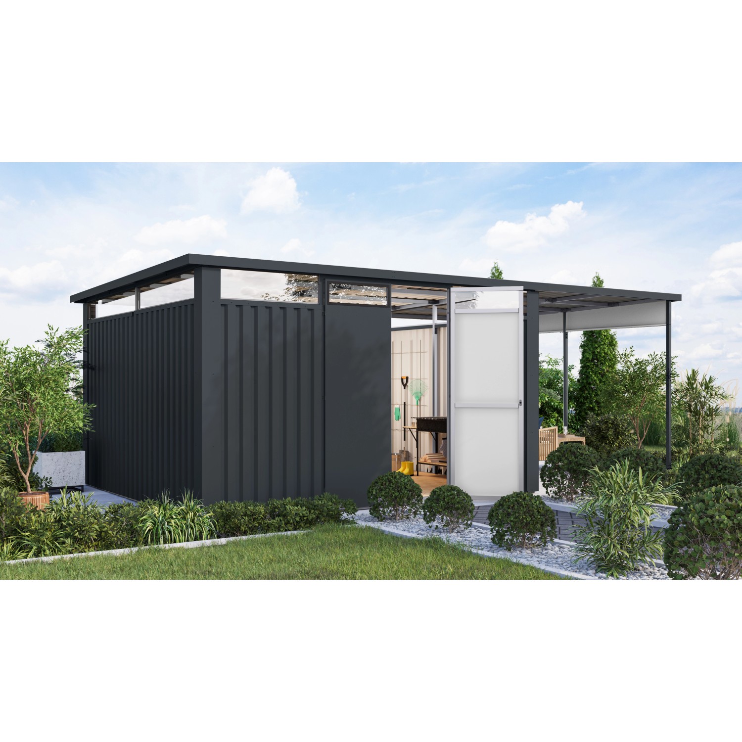Karibu Gartenhaus Amato 4 m. Anbaudach Anthrazit 220 x 375,5 x 342 cm günstig online kaufen