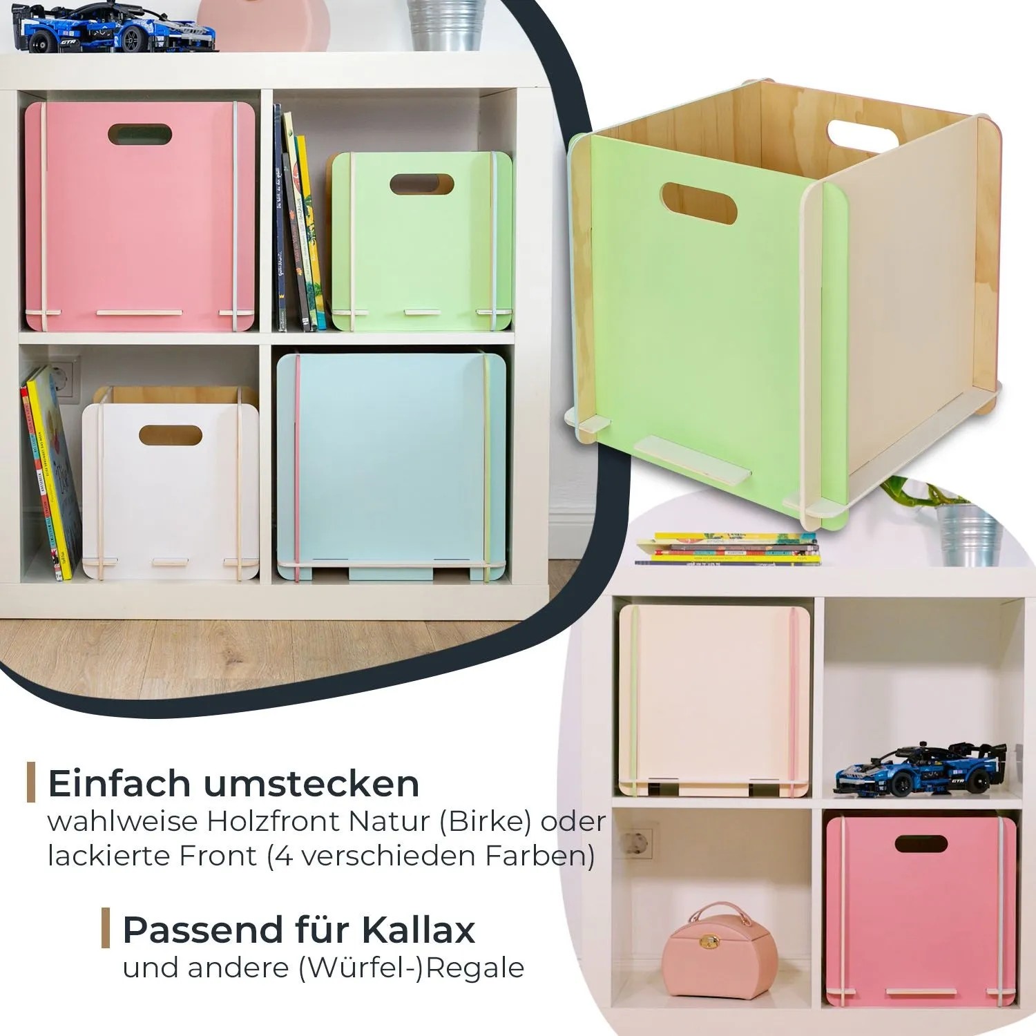 Mehrfarbige HMF Aufbewahrungsbox aus Holz zum Zusammenstecken, passend für Regale.
