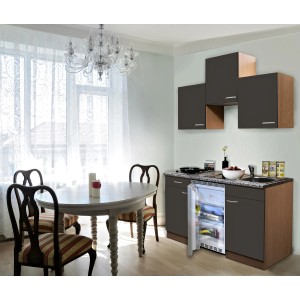 Respekta Küchenzeile 150 cm in Grau-Buche mit Kühlschrank und Kochfeld in modernem Küchendesign.