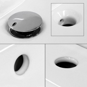 Detailaufnahme Waschbecken von ML-Design, Keramik weiß glänzend mit Ablaufgarnitur.