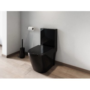 Schwarzes Vente-unique Stand-WC Nagilam aus Keramik in modernem Bad mit Holzfußboden. Glänzende Oberfläche.