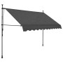 Ausgezogene anthrazitfarbene Einzieh-Markise 300 cm mit Handkurbel, LED-Licht und Wellenvolant.