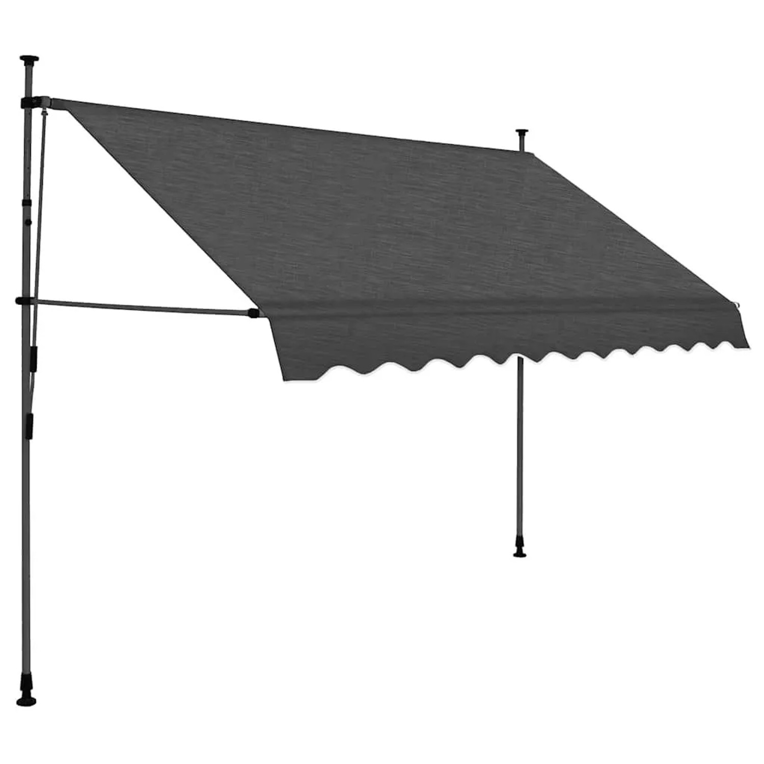 Ausgezogene anthrazitfarbene Einzieh-Markise 300 cm mit Handkurbel, LED-Licht und Wellenvolant.