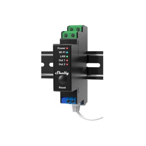 Schwarzes Shelly Relaismodul 2PM Pro mit LAN- und WLAN-Anschluss für die Hausautomation.