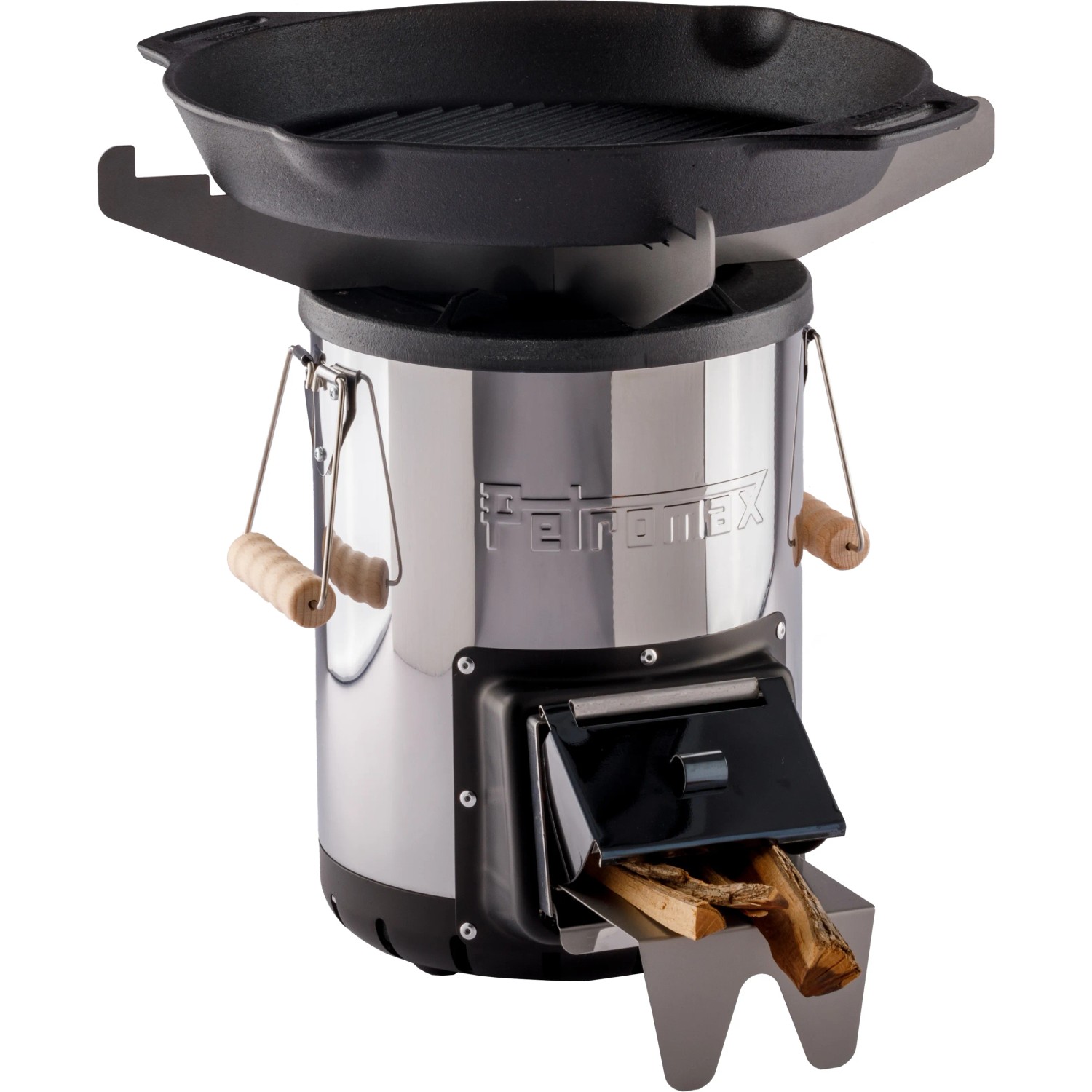 Petromax Raketenofen mit Grillplatte und Kochkreuz. Grillutensil aus Edelstahl mit Holzscheiten.