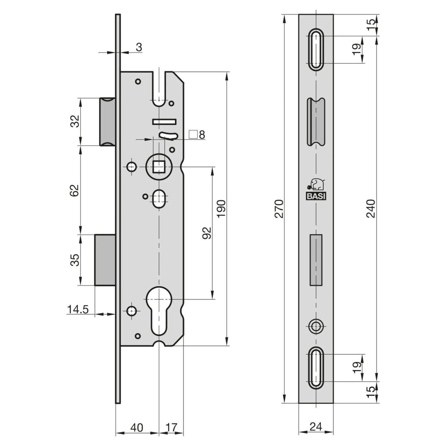 BASI ES 958L PZW Rohrrahmenschloss DIN R/L Käntigstulp 24/270 mm Langloch Dornmaß 40 mm 1-tourig Metall Falle/Riegel 9585-4020L_2