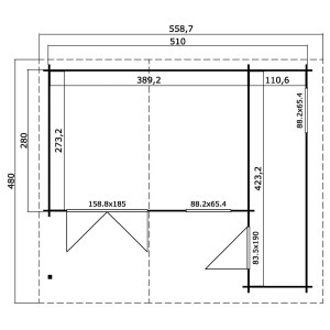 Grundriss Lasita Maja Gartenhaus Little Rock, Schwedenrot, 510x430cm, mit Maßangaben.