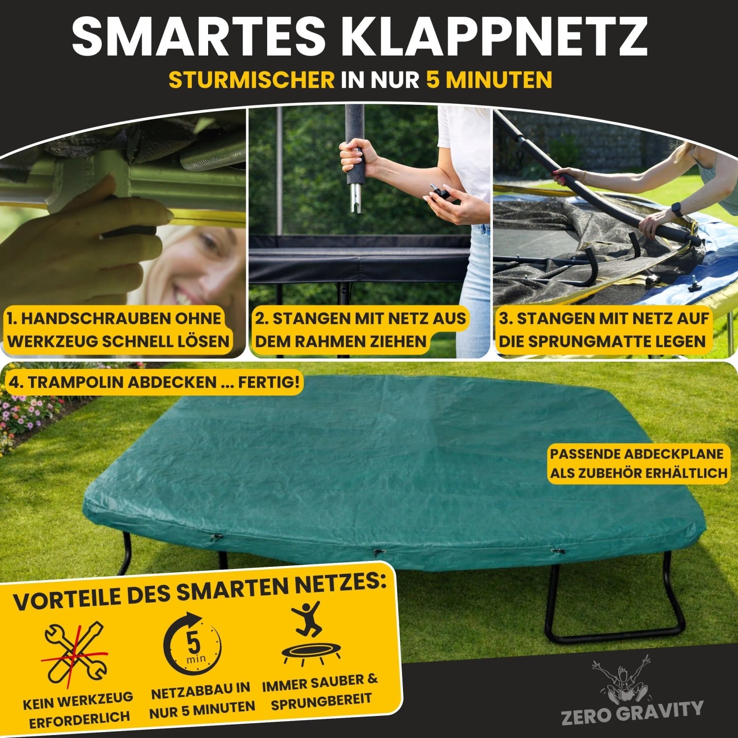Zero Gravity Trampolin Outdoor 457x305cm TÜV GS Smartes Klappnetz mit Leiter und Bodenanker_2
