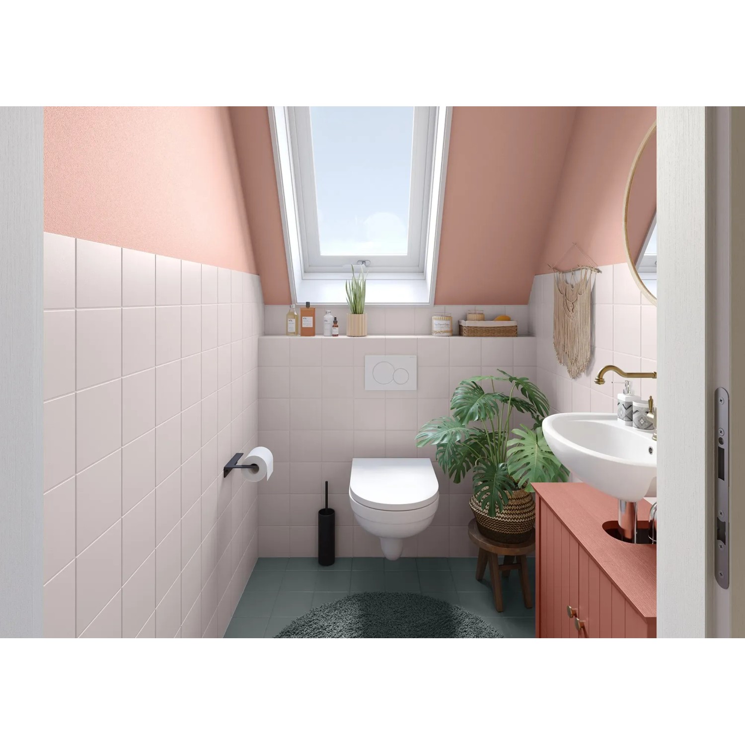 Badezimmer mit Terrakotta Möbel-Lack von Alpina auf Unterschrank und Wand.