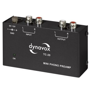 Dynavox TC-20 Phono-Vorverstärker in Schwarz mit Anschlüssen für Plattenspieler.