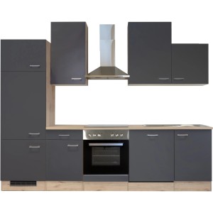 Flex-Well Küchenzeile Morena, 280 cm, Basaltgrau/San Remo Eiche: Einbauküche mit E-Geräten und Spüle.