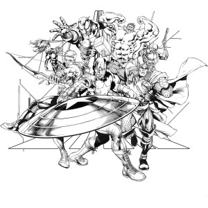 Komar Vlies Fototapete Avengers Black and White mit Superhelden-Motiv für Kinderzimmer.