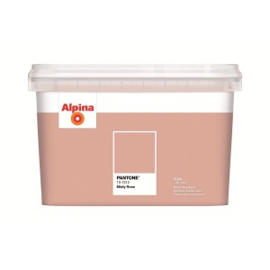 Alpina Innenfarbe Pantone Misty Rose 2,5 L. Matter rosa Wandfarben-Eimer mit Alpina Logo und Farbmuster.