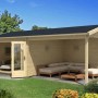 Alpholz Gartenhaus Freiburg-44 aus Holz mit Doppeltür und überdachter Terrasse.