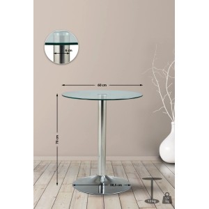 Runder Glastisch mit Klarglasplatte und silbernem Metallgestell, 70 cm hoch, 60 cm Durchmesser. Ideal als Beistelltisch.