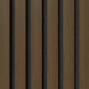 Akustikpaneel Muster Eiche Dunkel/Schwarz: Wandpaneel mit Holzoptik und Filz für bessere Raumakustik.