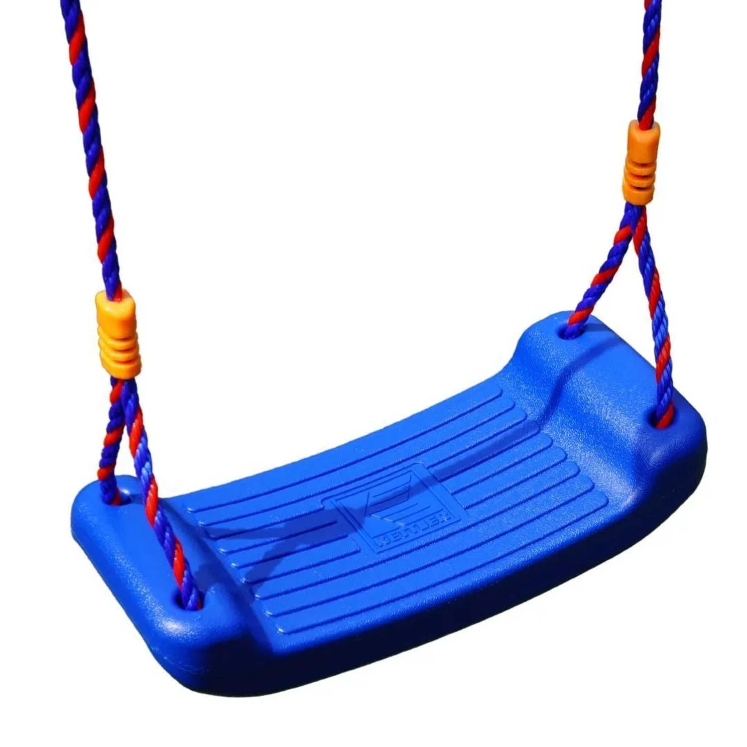 Blaue Kettler Einzelschaukel mit rot-blauen Seilen und gelben Verbindungsstücken.