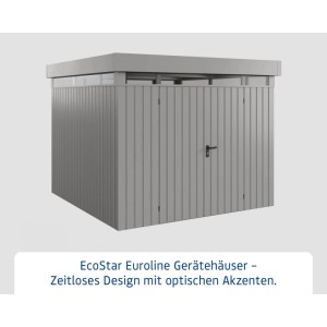Graues EcoStar Gerätehaus Euroline mit Flachdach und Lichtband, 277x277 cm.