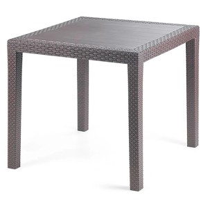 Quadratischer, anthrazitfarbener Bistrotisch aus Kunststoff in Rattanoptik für Balkon oder Terrasse.