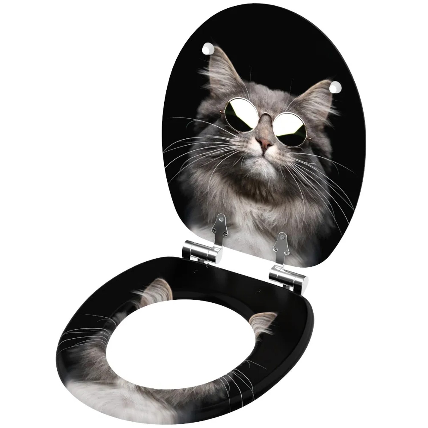 Sanilo WC-Sitz Cool Cat: Toilettendeckel aus Holz mit Katzenmotiv und Sonnenbrille.