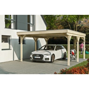 Skan Holz Carport Grunewald mit Aluminiumdach, naturbelassen, mit Auto und Motorrad.