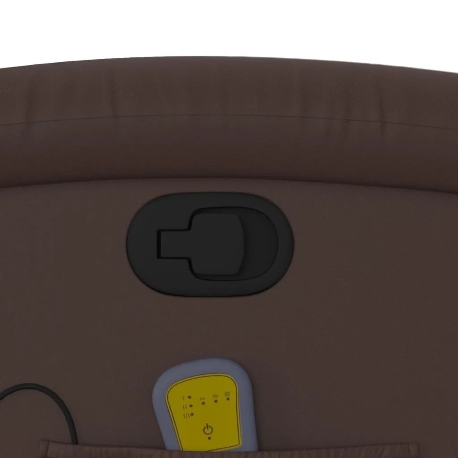 Detailansicht: Brauner Massagesessel mit Fernbedienung und Verstellhebel.