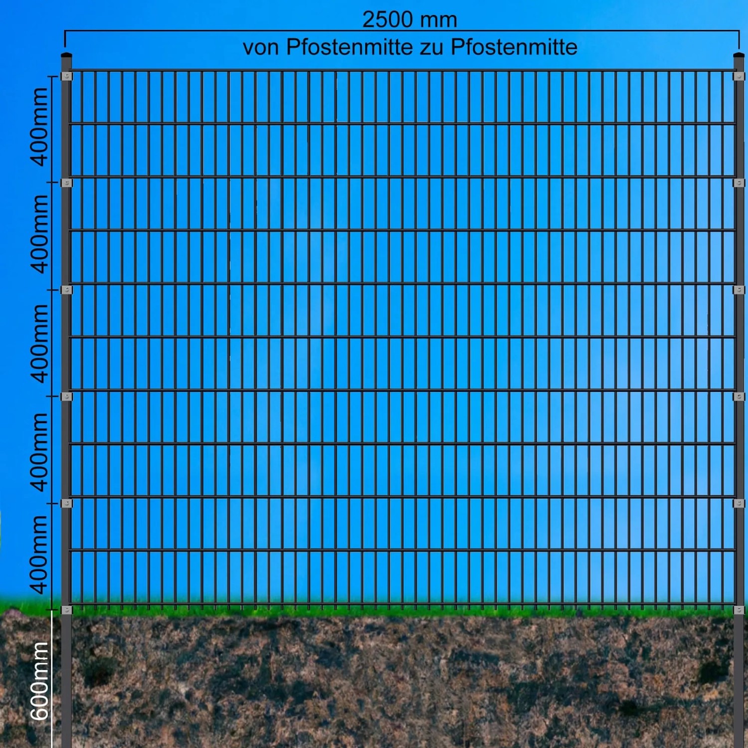 Moosgrüner Doppelstabmattenzaun 6/5/6 mm, 250x203 cm, für Gartenzäune.