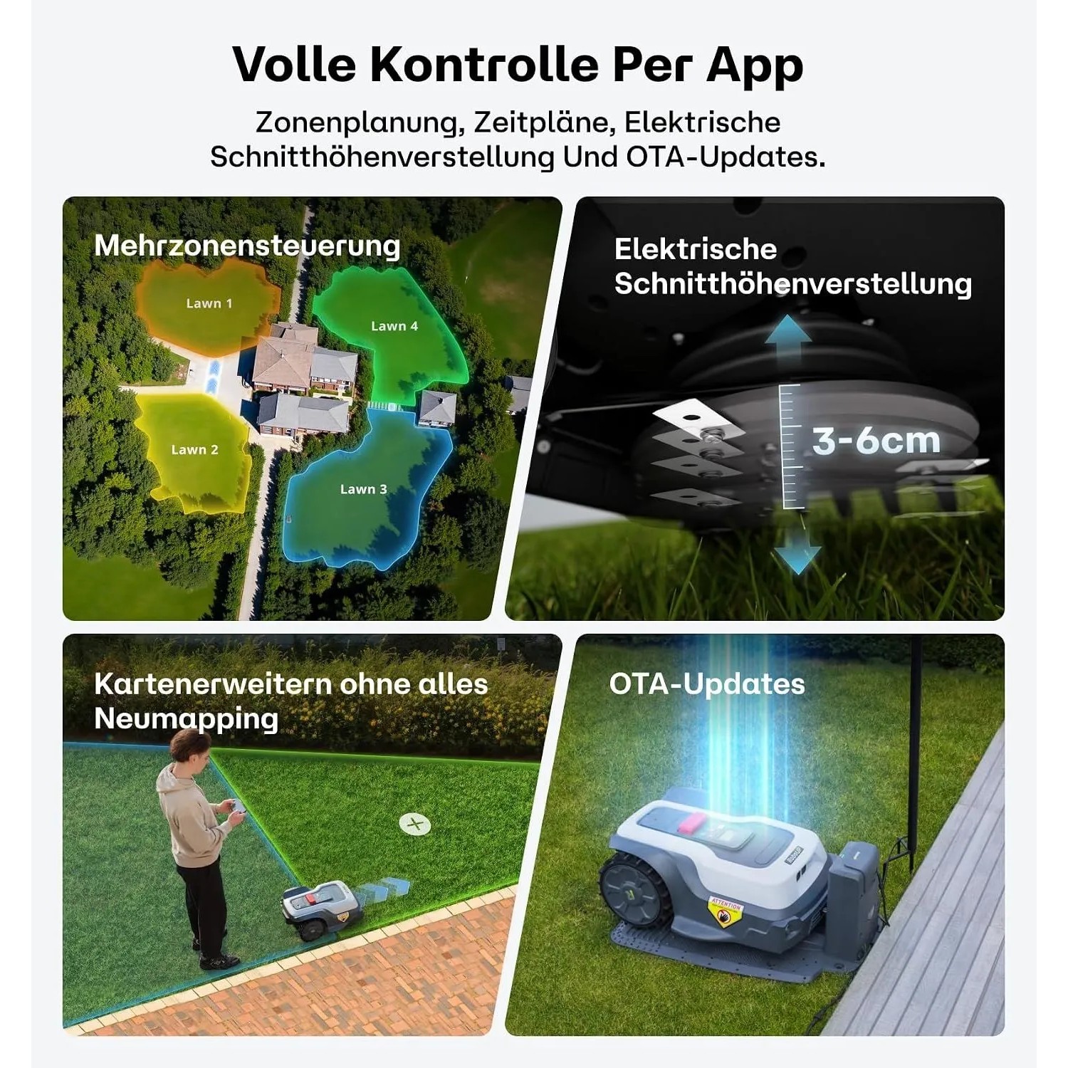 RoboUP T600 Mähroboter: App-Steuerung für Mehrzonen, elektrische Schnitthöhenverstellung 3-6cm, Kartenerweiterung & OTA-Updates.