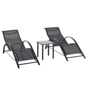 Schwarzes 3-teiliges Gartenliegen-Set aus Metall mit 2 Sonnenliegen und Beistelltisch. Dunkelgraue Netzbespannung.