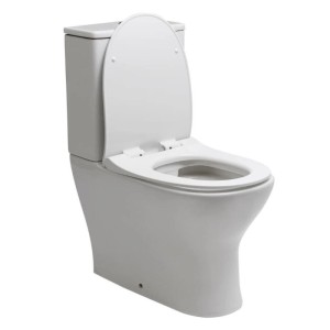 Weißes Stand-WC Kombi Set mit Spülkasten, offenem spülrandlosem WC-Sitz. Keramik Toilette mit SoftClose.