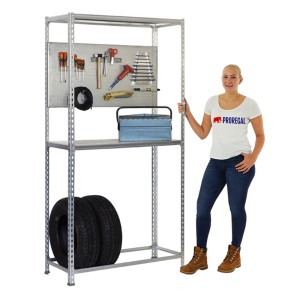 PROREGAL Reifenregal mit Arbeitsfläche, Werkzeugwand und 6 Reifen, verzinkt.