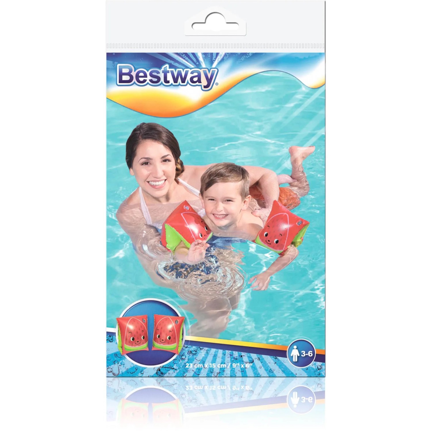 Bestway Früchte-Schwimmflügel, rot/grün, für Kinder von 3-6 Jahren, im Wasser mit Mutter und Kind.