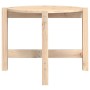 Runder Couchtisch aus unbehandeltem Massivholz Kiefer, Ø 62,5 cm. Helle Maserung, sichtbare Schrauben.
