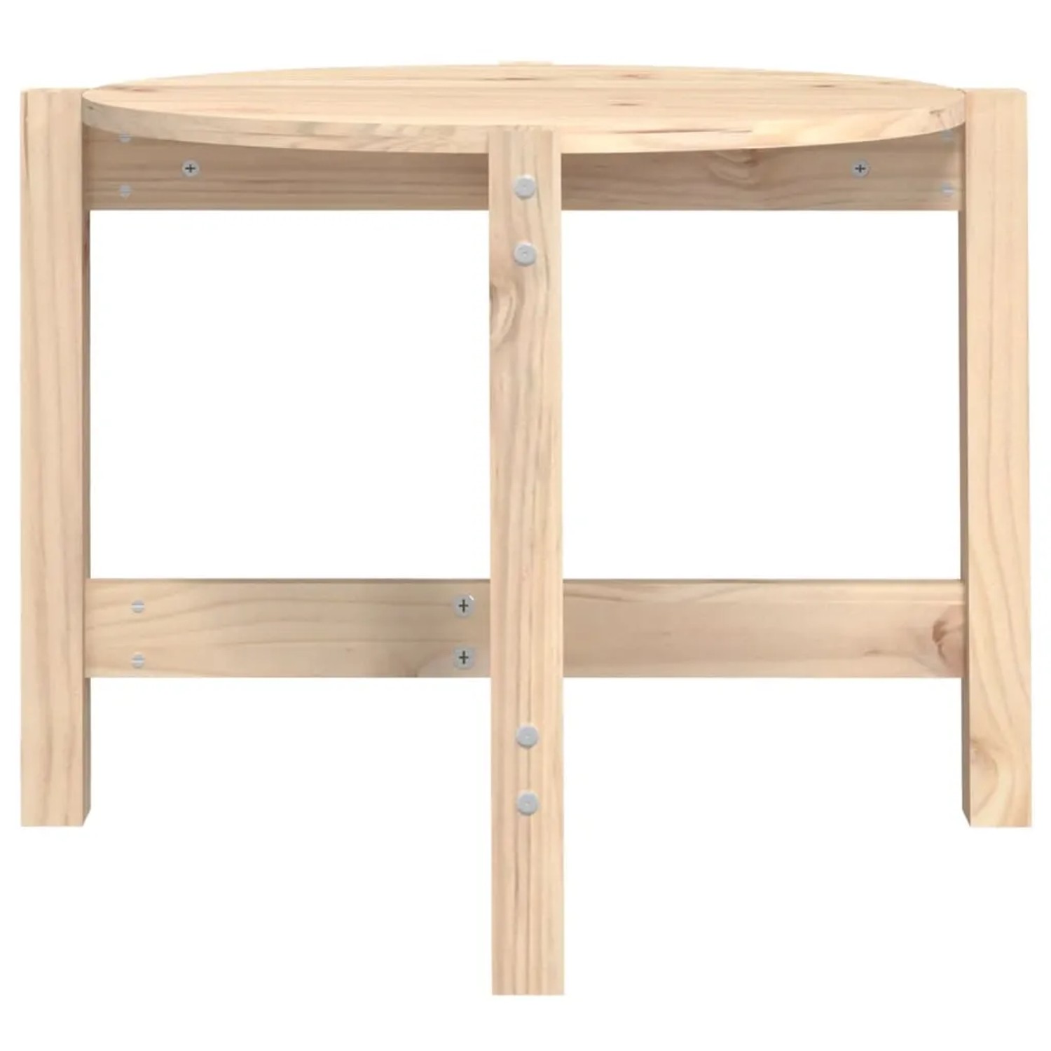 Runder Couchtisch aus unbehandeltem Massivholz Kiefer, Ø 62,5 cm. Helle Maserung, sichtbare Schrauben.