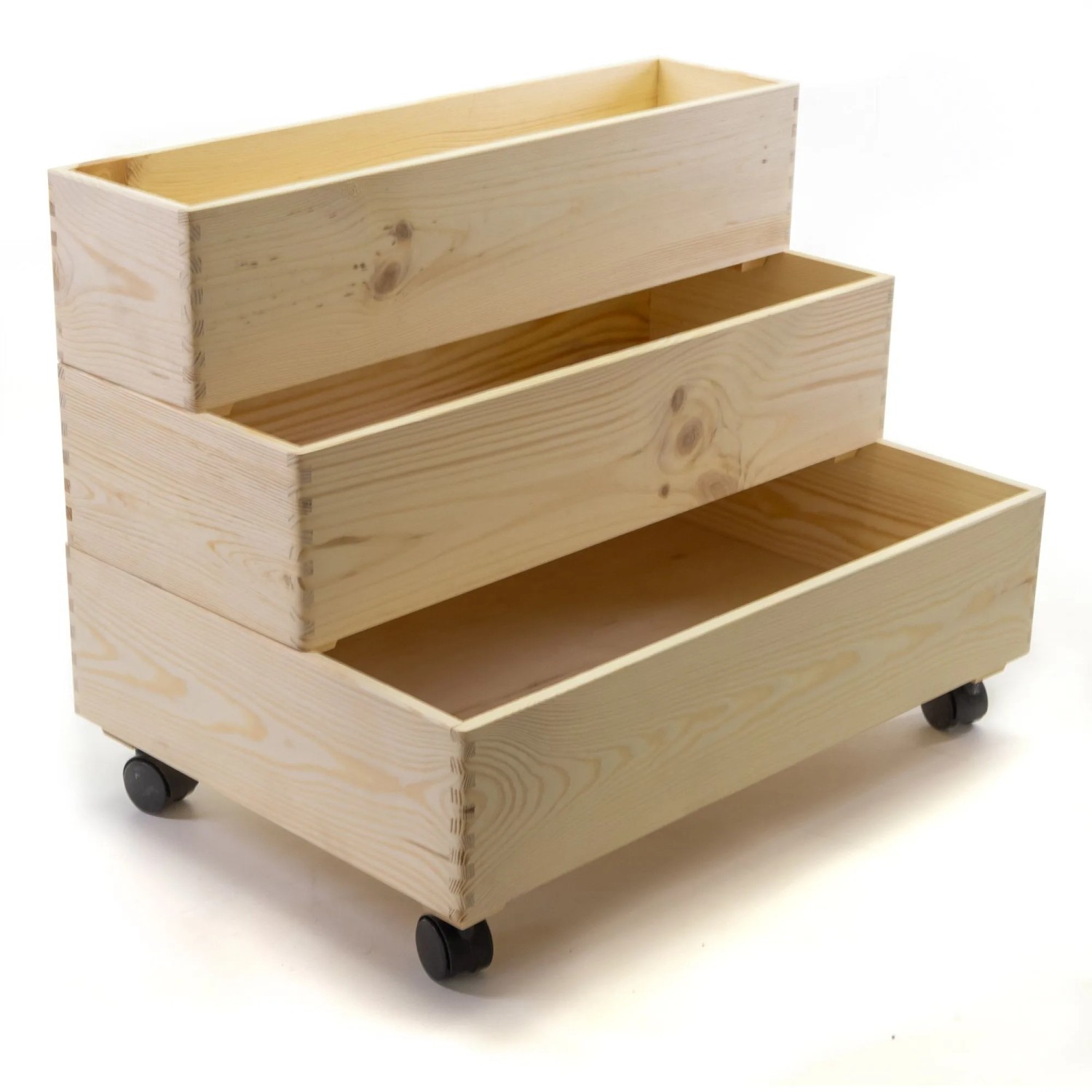 HolzFee Trio Holzkiste Set 3 Kisten 59 x 40 x 48 cm mit Rollen Bücherkisten und für Wandschrägen