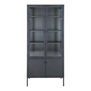 Schwarzer Vitrinenschrank Brisbane mit 4 Türen, Glasfronten und Metallgestell.