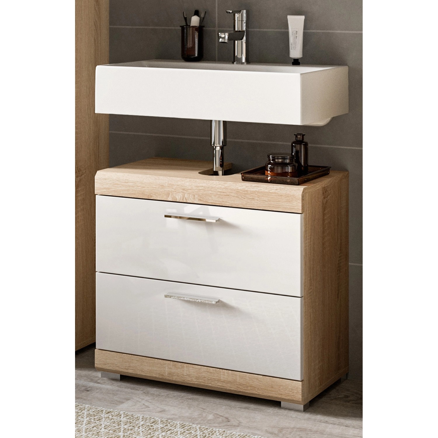 Inn.Furn Waschbeckenunterschrank in Weiß Hochglanz und Eiche 60 cm Mambo günstig online kaufen