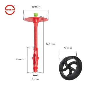 Protektor Dämmstoffdübel Set, 8x140mm mit Stahlnagel, Rondellen und Fräser für Fassadendämmung.