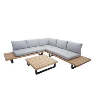 MCW Garten-Lounge-Garnitur H54, 2er-Set, hellbraunes Holz mit hellgrauen Polstern.