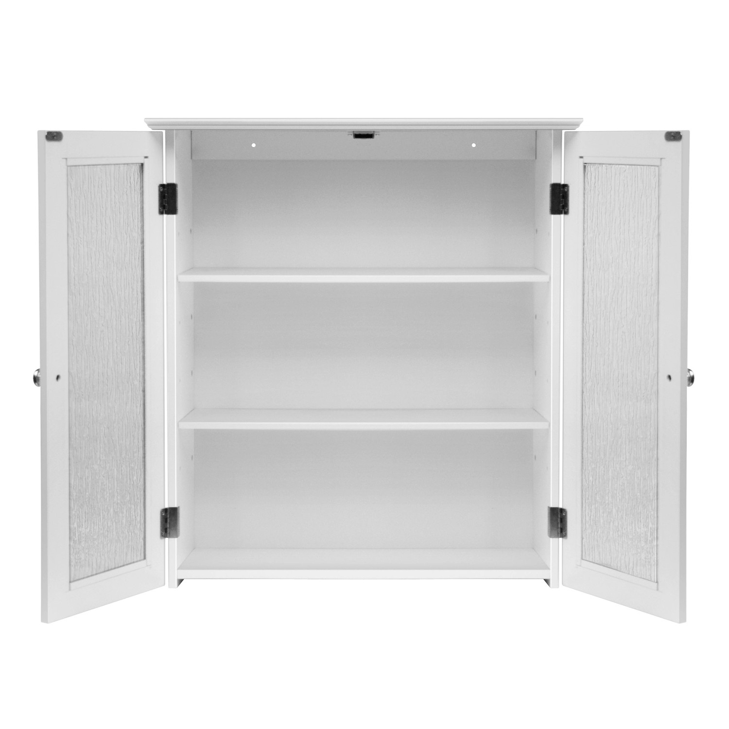 Offener, weißer Teamson Home Wandschrank Connor mit 2 Glastüren und 3 Regalböden.