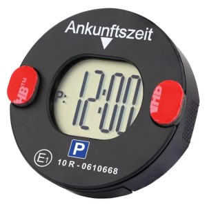 Schwarze Technaxx TX-353 elektronische Mini-Parkscheibe mit digitaler Anzeige der Ankunftszeit für das Auto.