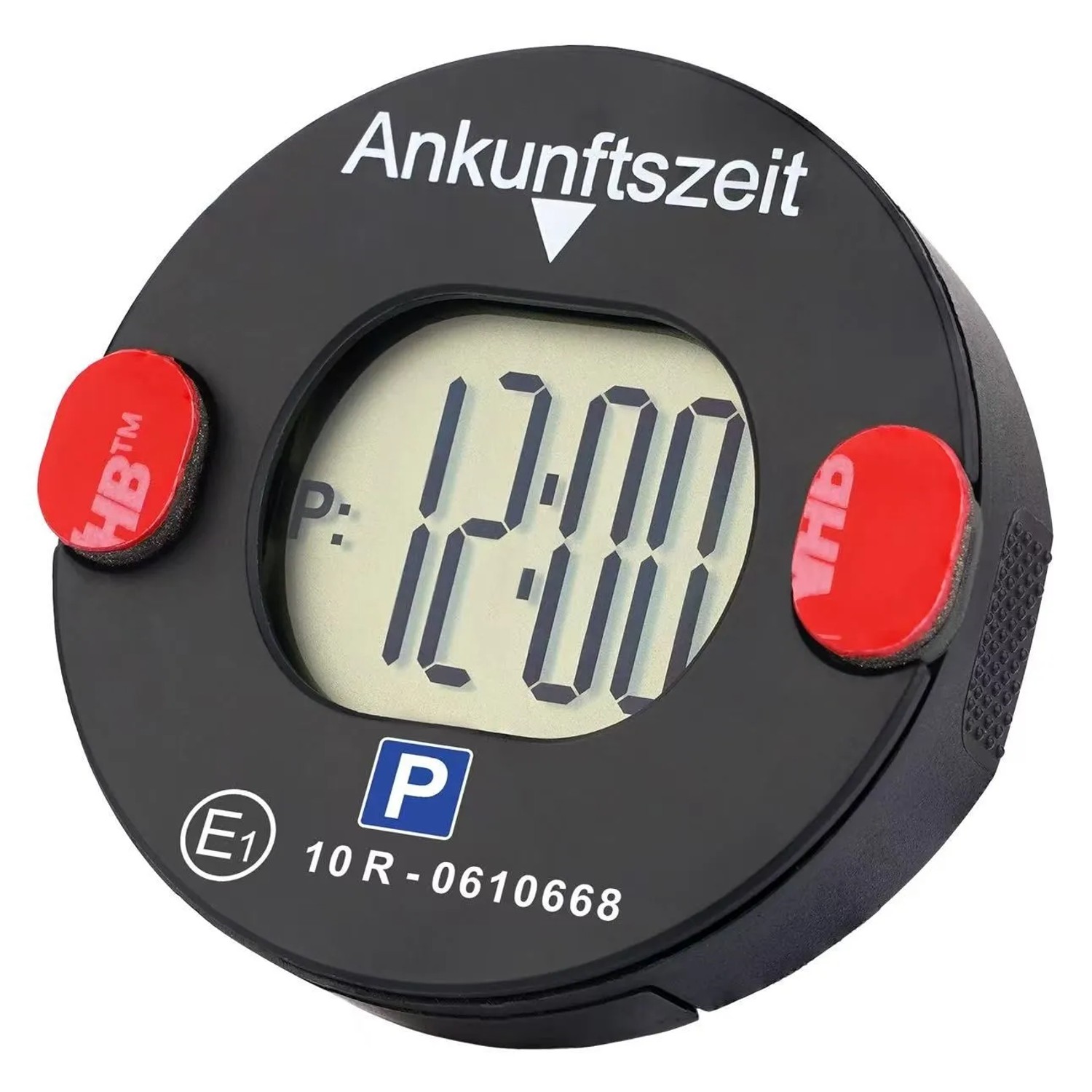 Schwarze Technaxx Mini-Parkscheibe TX-353 mit digitaler Zeitanzeige '12:00'. KBA-zugelassene automatische Parkscheibe für Autos.