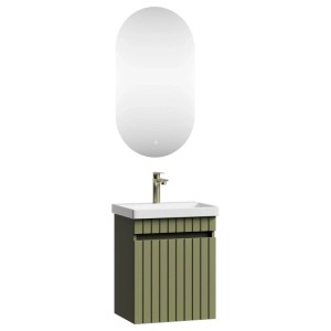 Planetmöbel COSMIA Waschtischunterschrank 50 cm Mintgrün Matt mit Keramikwaschbecken Tür LED Spiegel Armatur Gold Brush Soft Close