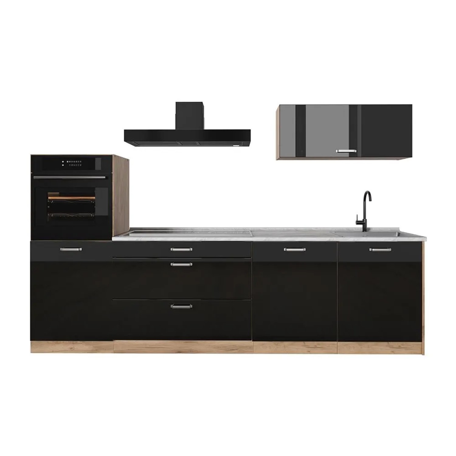 Vicco Küchenzeile R-Line Schwarz Hochglanz/Goldkraft Eiche 280 x 143 Arbeitsplatte Marmor Art Nr 66491